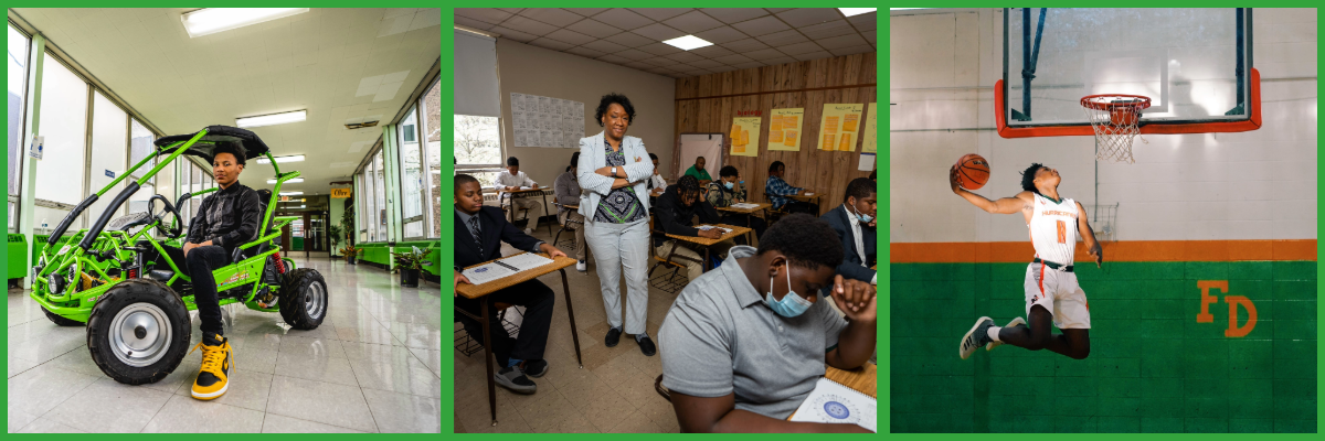 students in robotics, teacher in class with students and FDA Basketball